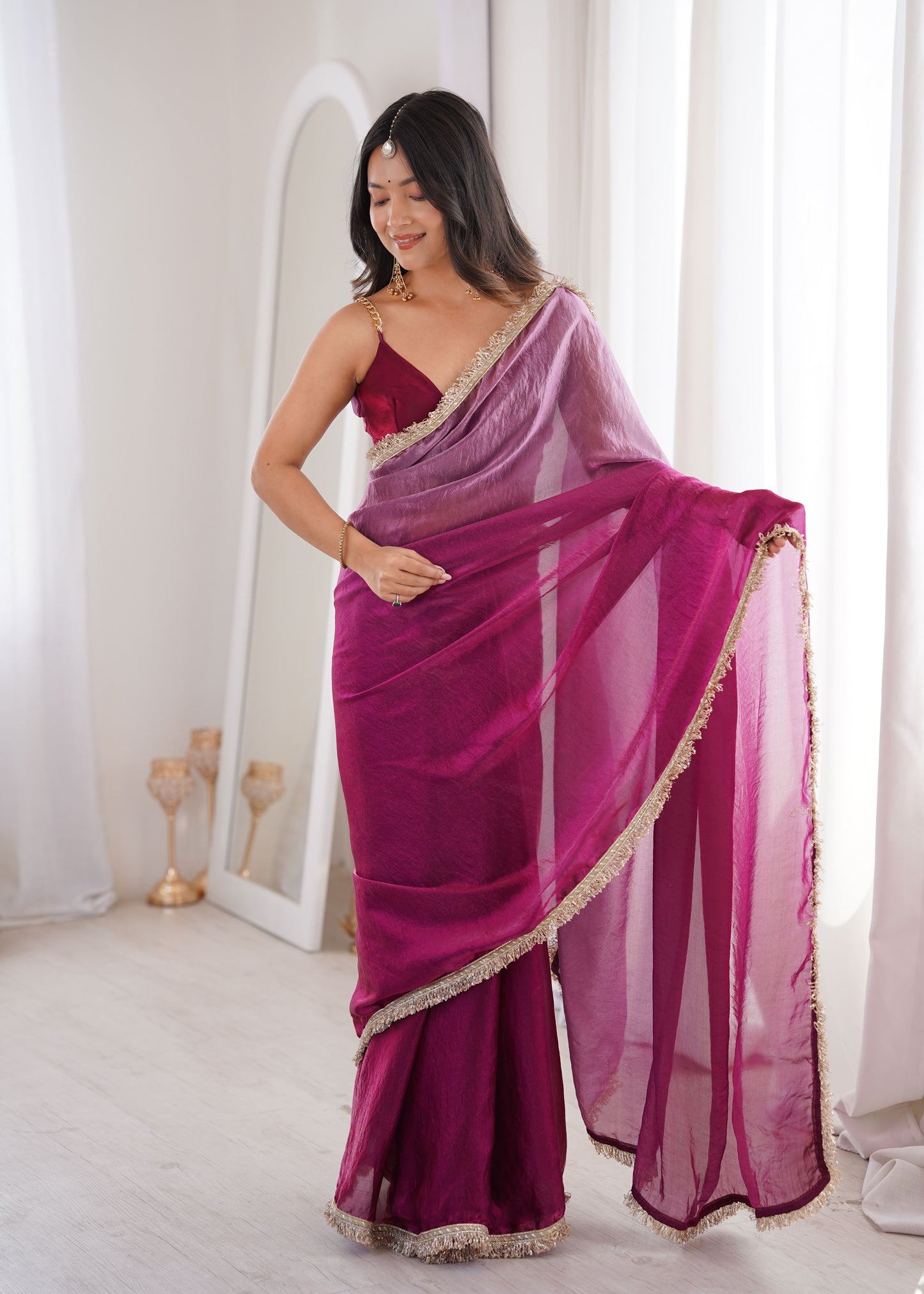Wine Fendi Satin Double Shaded Saree