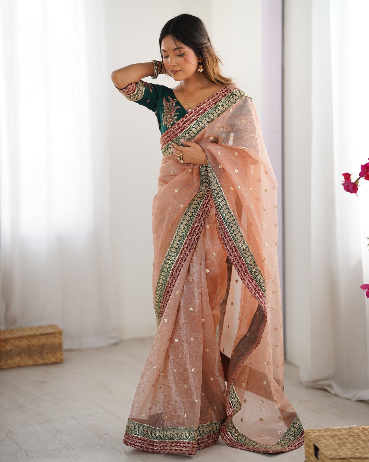 Peach Banarasi Crush Diamond Silk Saree