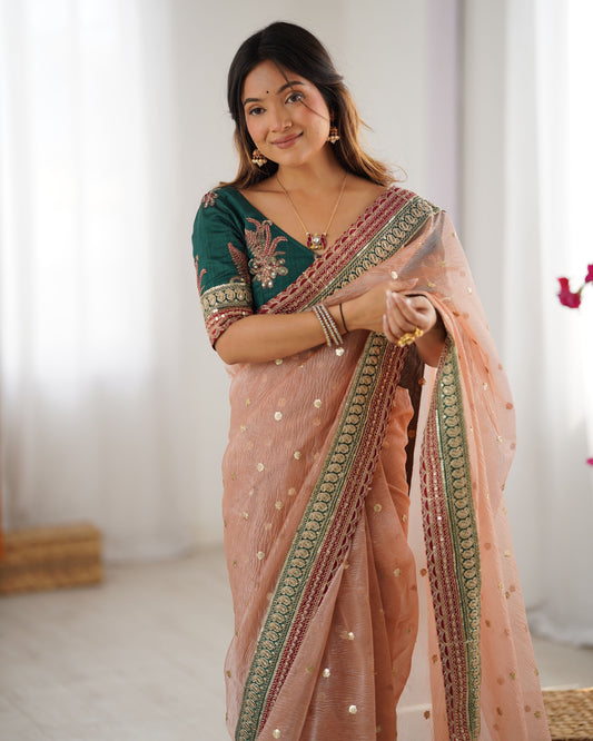 Peach Banarasi Crush Diamond Silk Saree