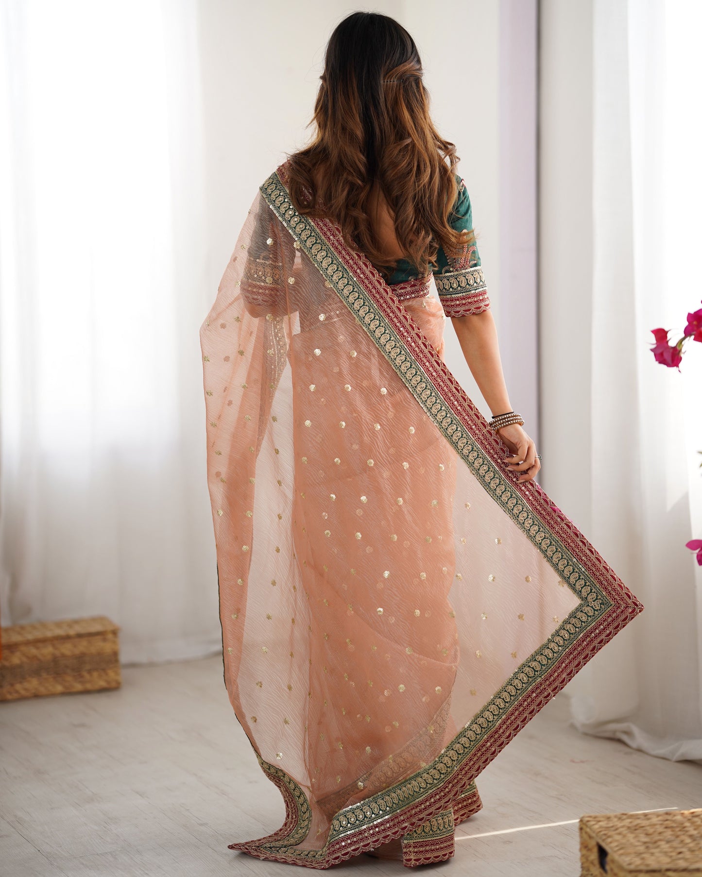 Peach Banarasi Crush Diamond Silk Saree