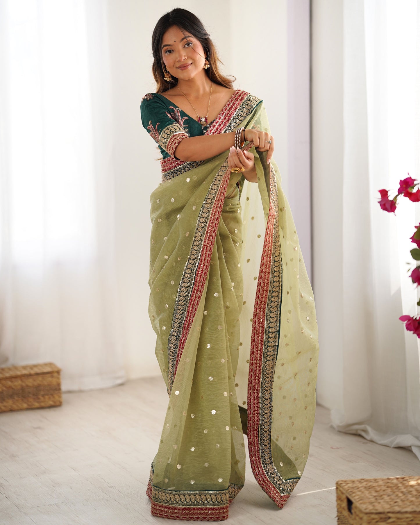 Pista Banarasi Crush Diamond Silk Saree
