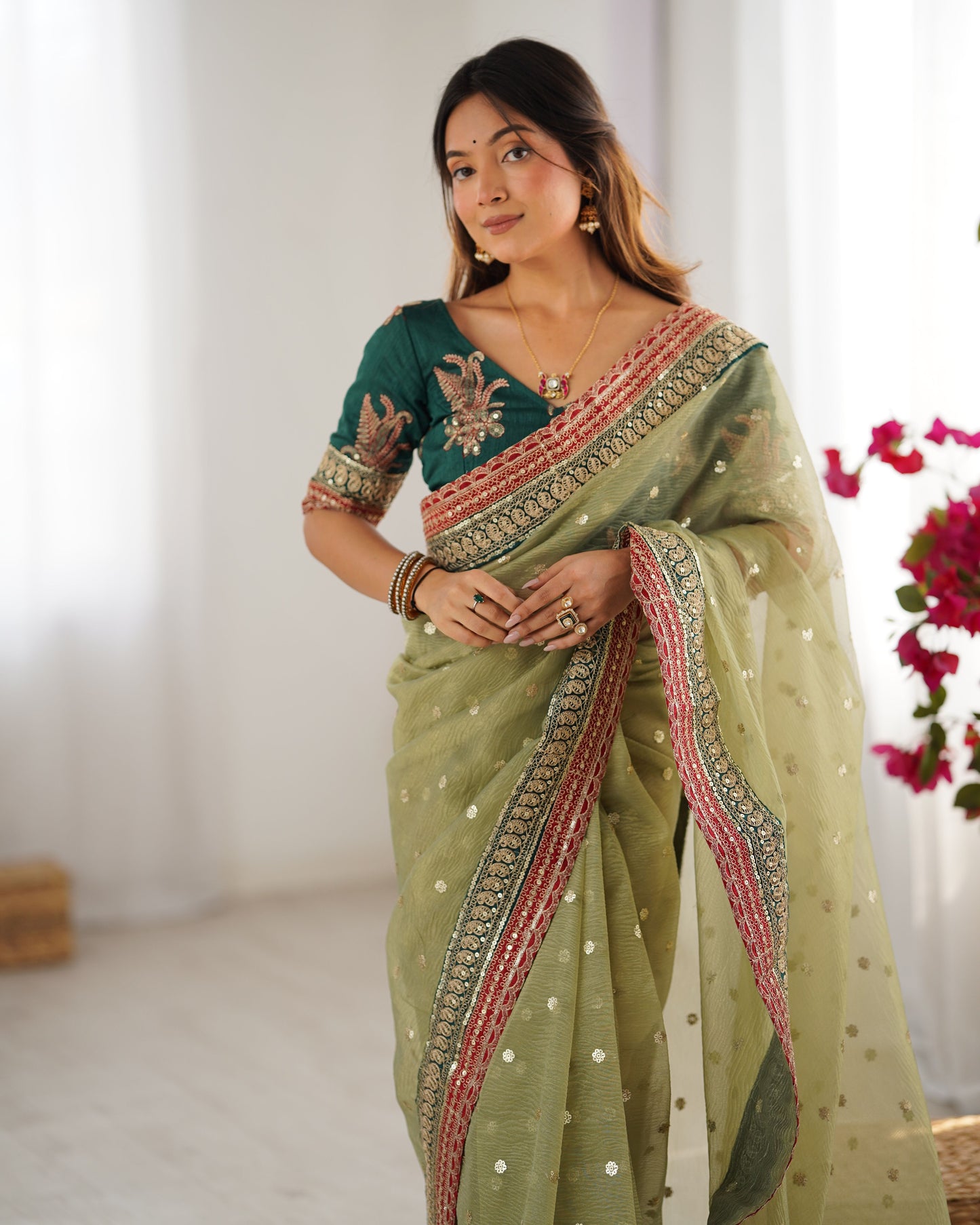 Pista Banarasi Crush Diamond Silk Saree