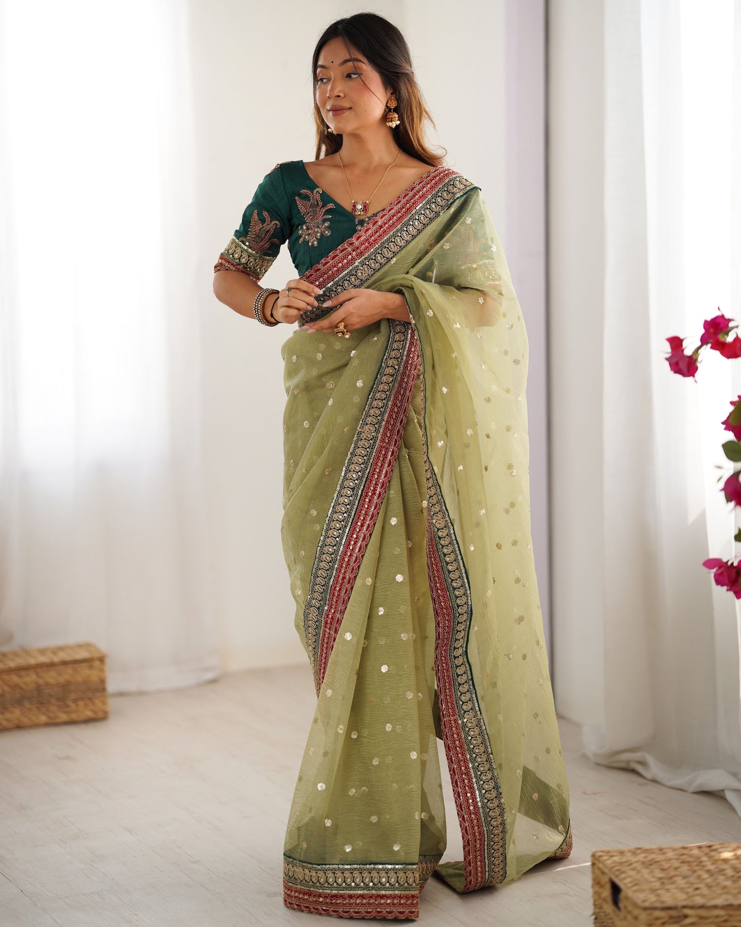 Pista Banarasi Crush Diamond Silk Saree