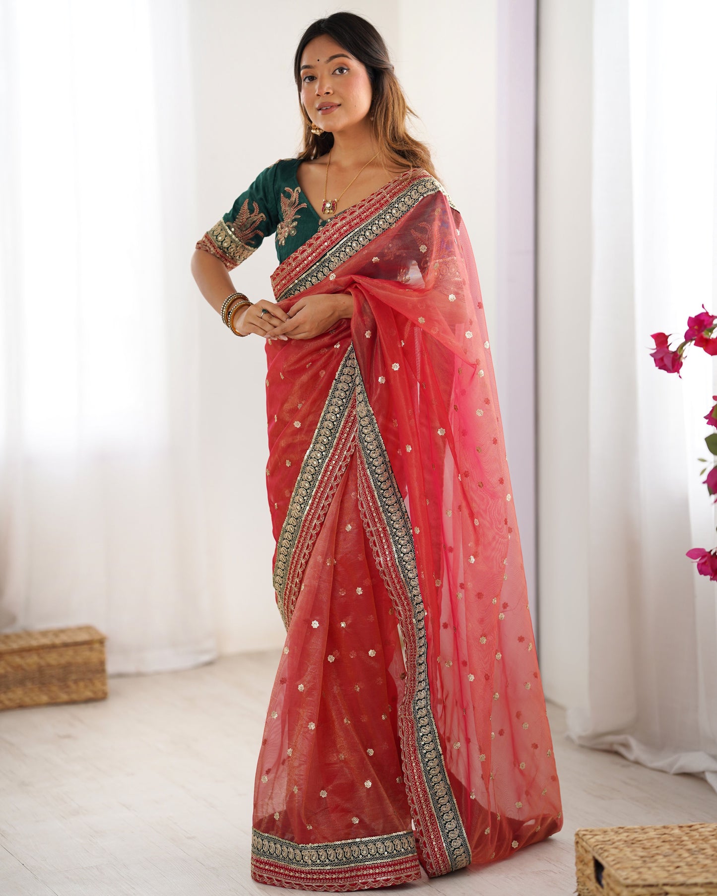 Red Banarasi Crush Diamond Silk Saree