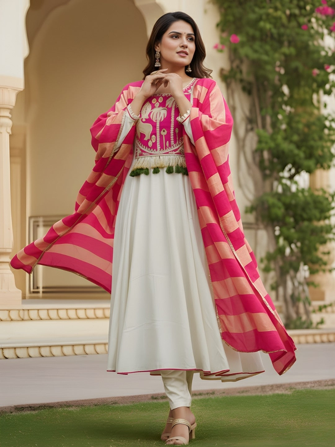 Off White Silk Suit Set with Jacquard Silk Dupatta