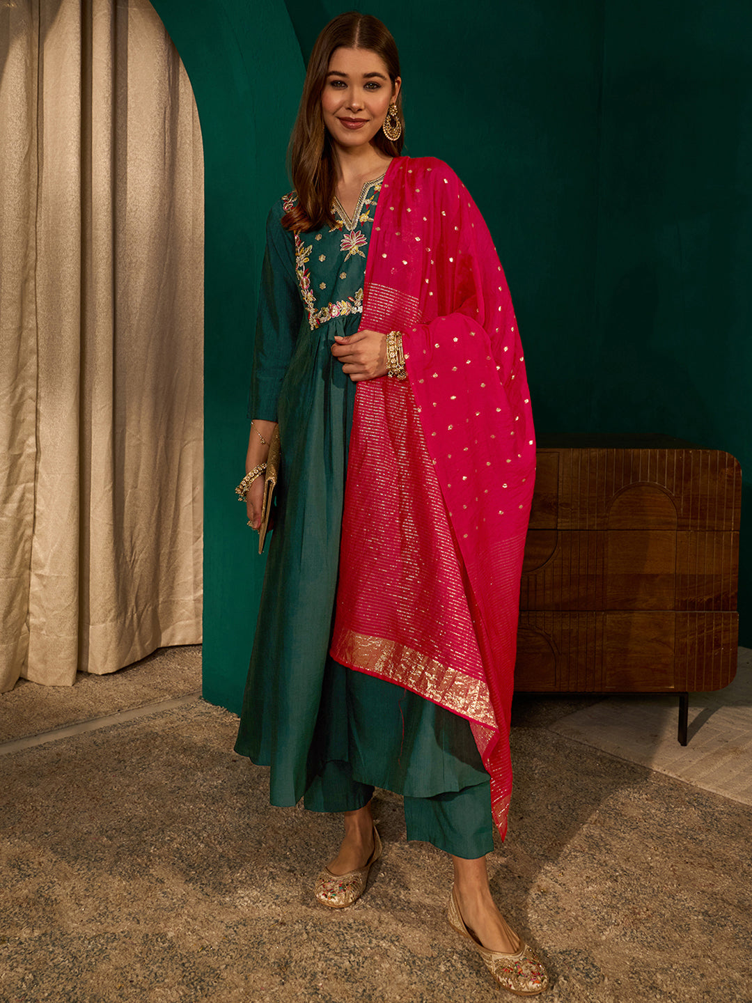Green Silk Suit Set with Viscose Jacquard Dupatta