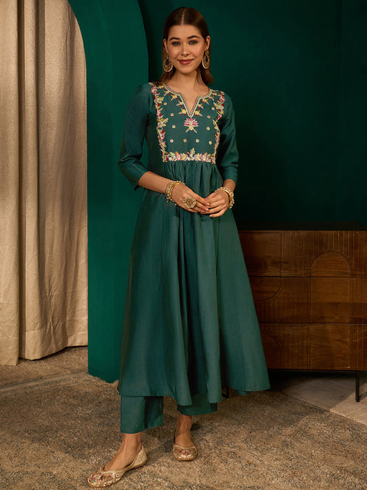 Green Silk Suit Set with Viscose Jacquard Dupatta
