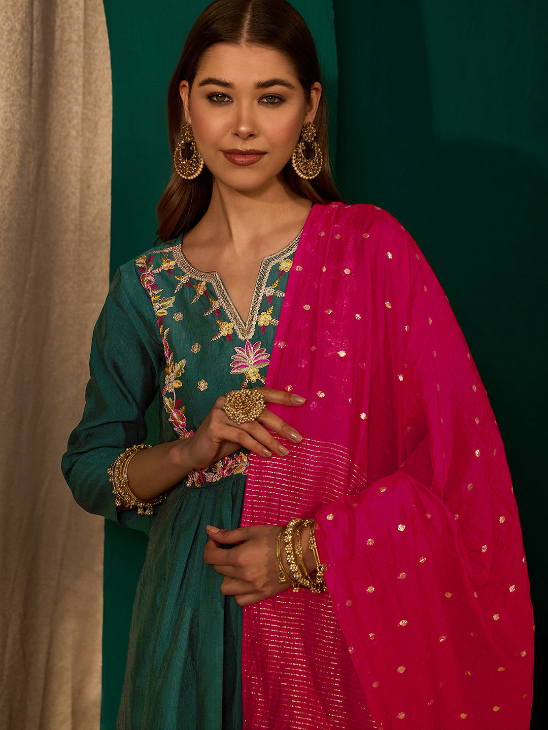 Green Silk Suit Set with Viscose Jacquard Dupatta