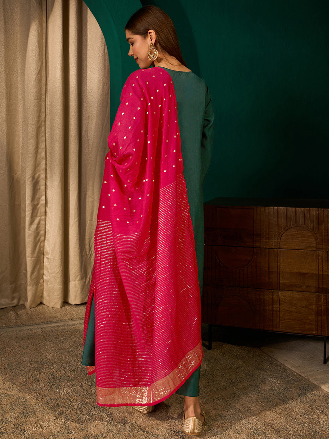 Green Silk Suit Set with Viscose Jacquard Dupatta