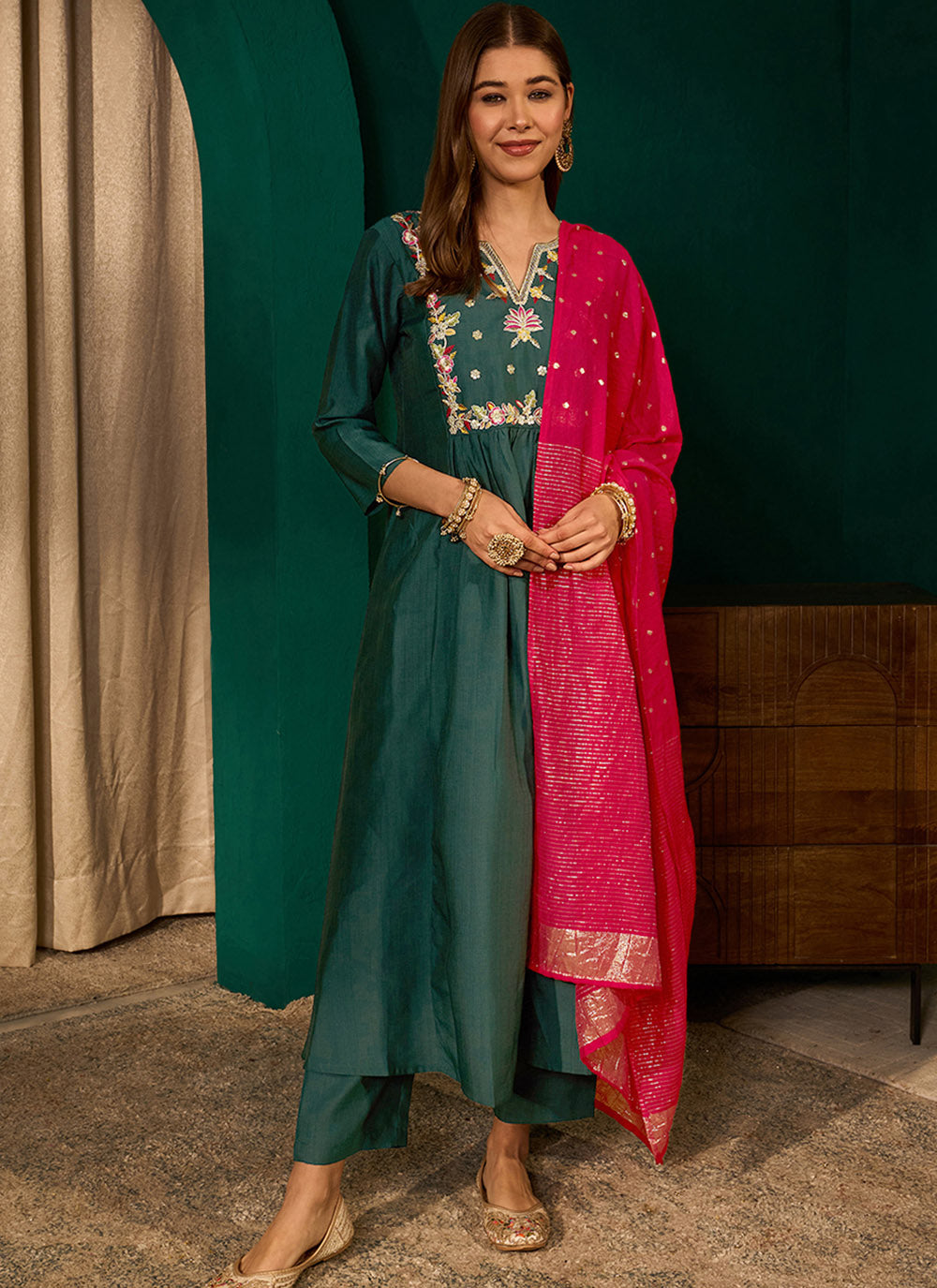 Green Silk Suit Set with Viscose Jacquard Dupatta