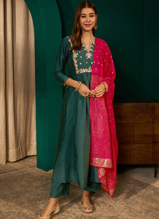 Green Silk Suit Set with Viscose Jacquard Dupatta