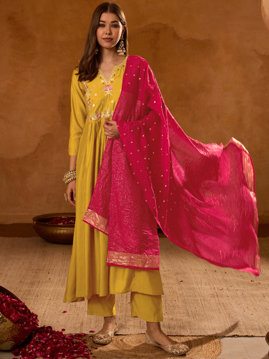 Mustard Silk Suit Set with Viscose Jacquard Dupatta