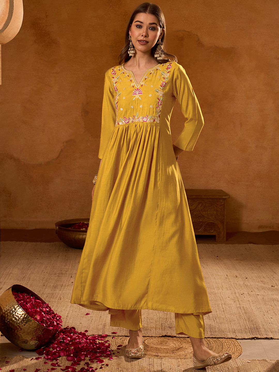 Mustard Silk Suit Set with Viscose Jacquard Dupatta