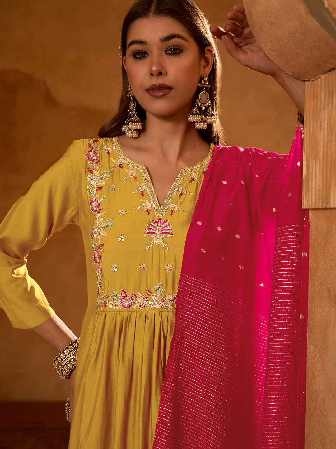 Mustard Silk Suit Set with Viscose Jacquard Dupatta
