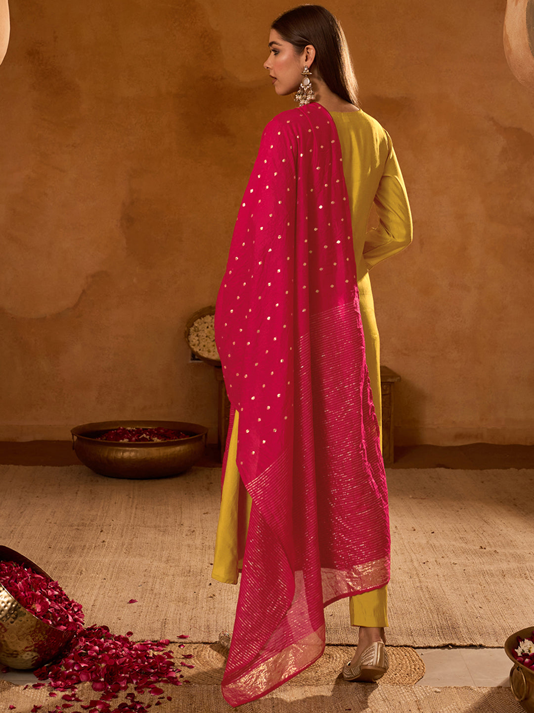 Mustard Silk Suit Set with Viscose Jacquard Dupatta