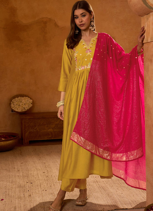 Mustard Silk Suit Set with Viscose Jacquard Dupatta