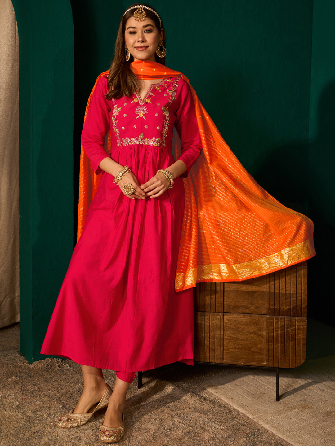 Red Silk Suit Set with Viscose Jacquard Dupatta