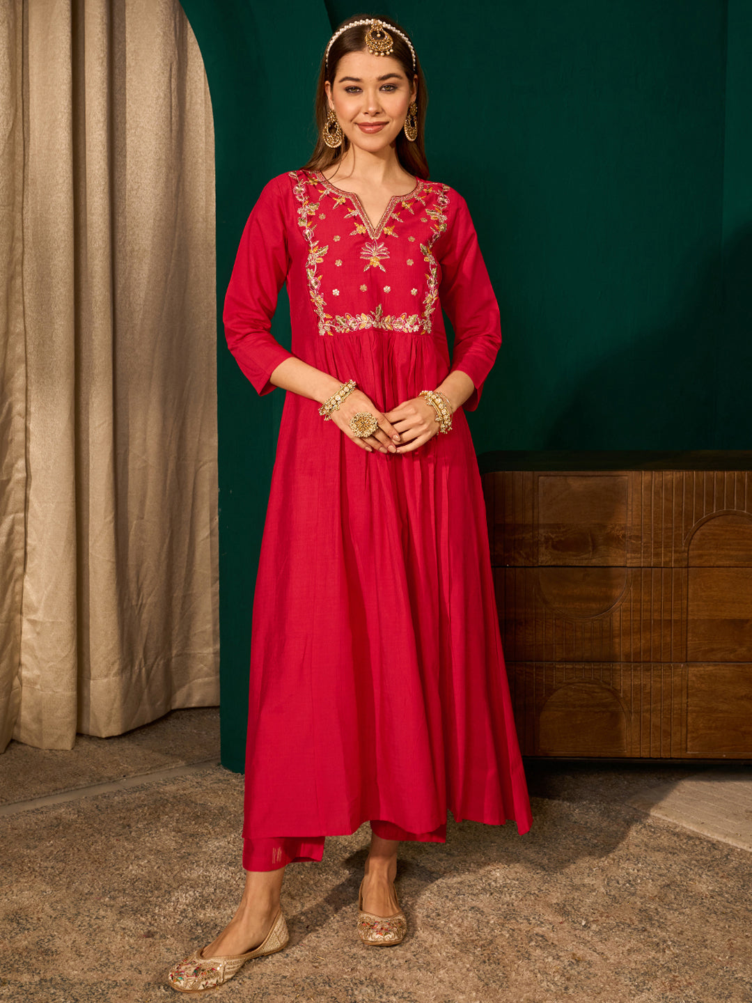 Red Silk Suit Set with Viscose Jacquard Dupatta