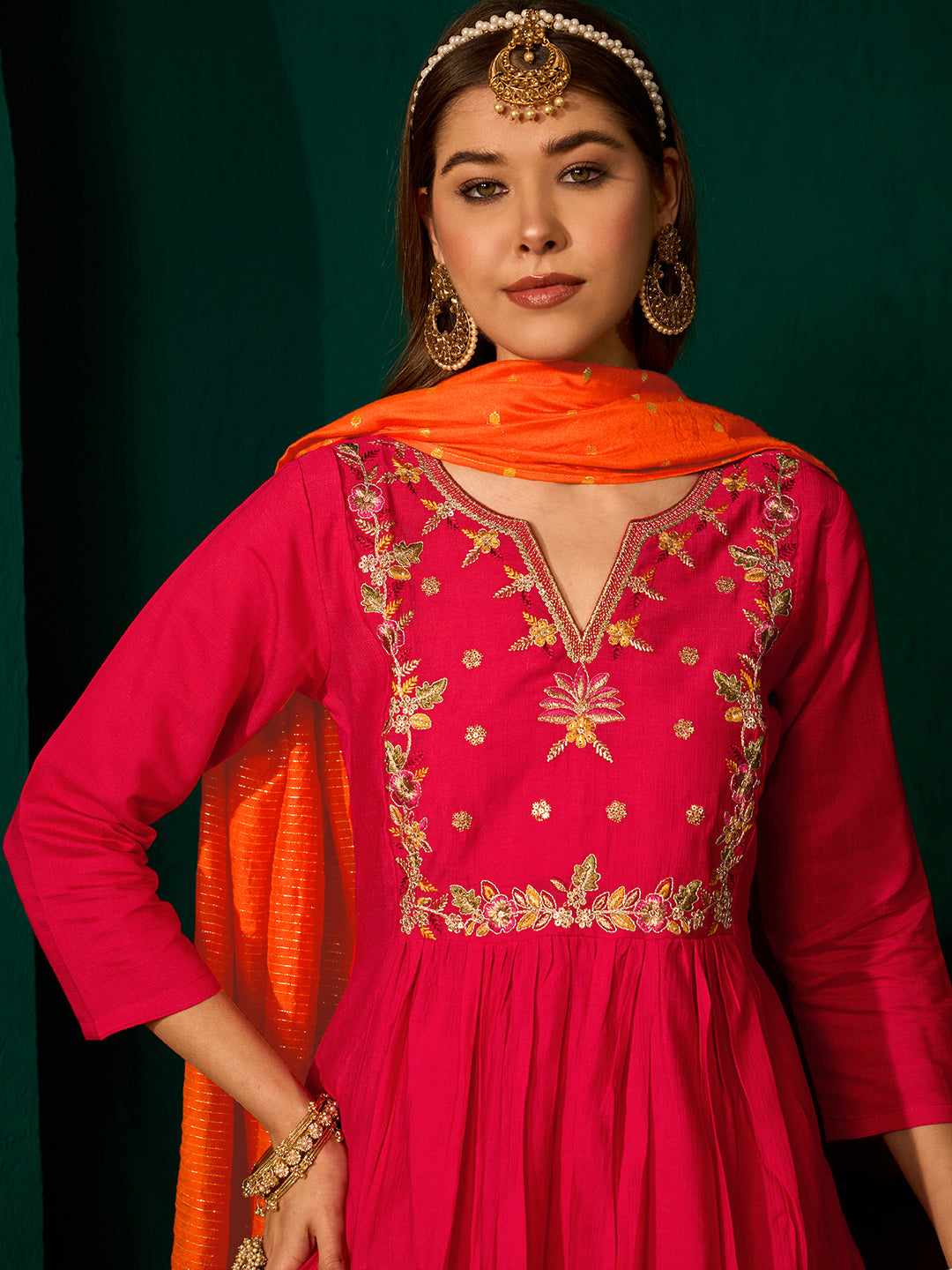 Red Silk Suit Set with Viscose Jacquard Dupatta