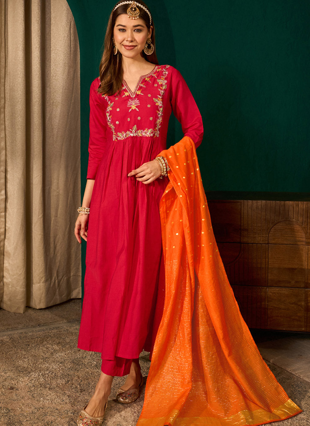 Red Silk Suit Set with Viscose Jacquard Dupatta