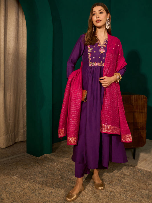 Violet Silk Suit Set with Viscose Jacquard Dupatta