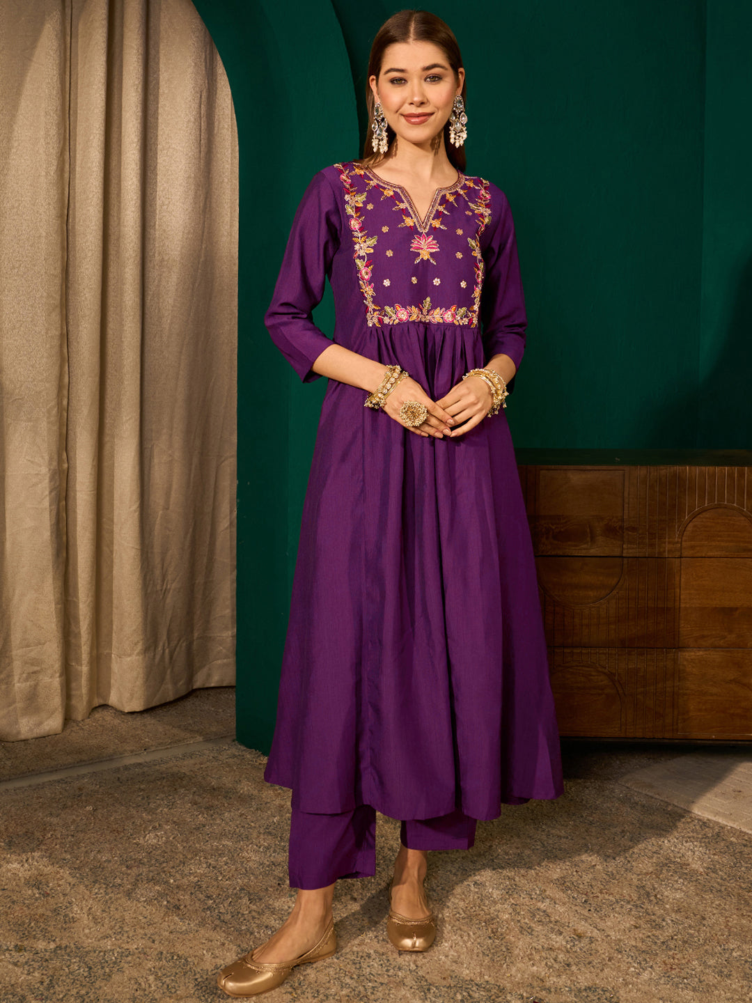 Violet Silk Suit Set with Viscose Jacquard Dupatta