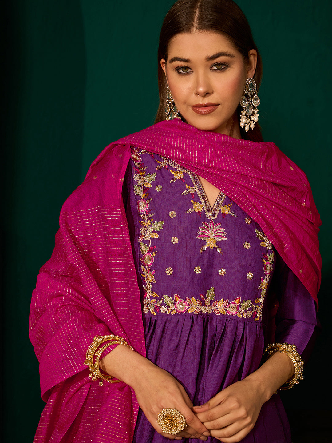 Violet Silk Suit Set with Viscose Jacquard Dupatta
