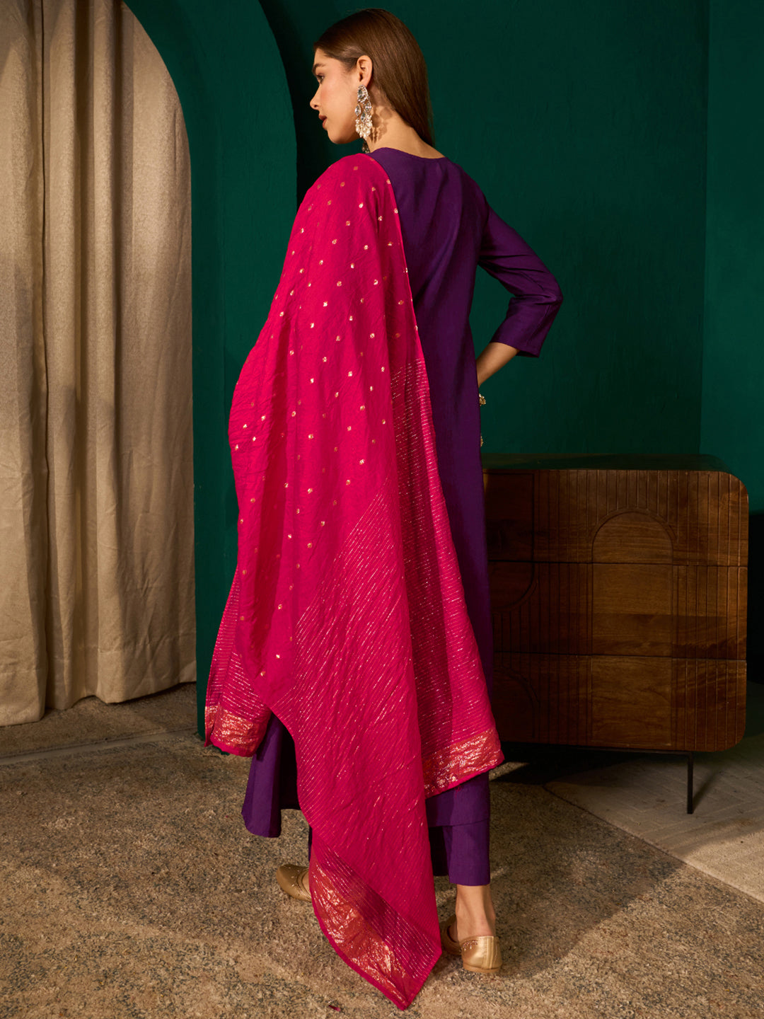 Violet Silk Suit Set with Viscose Jacquard Dupatta