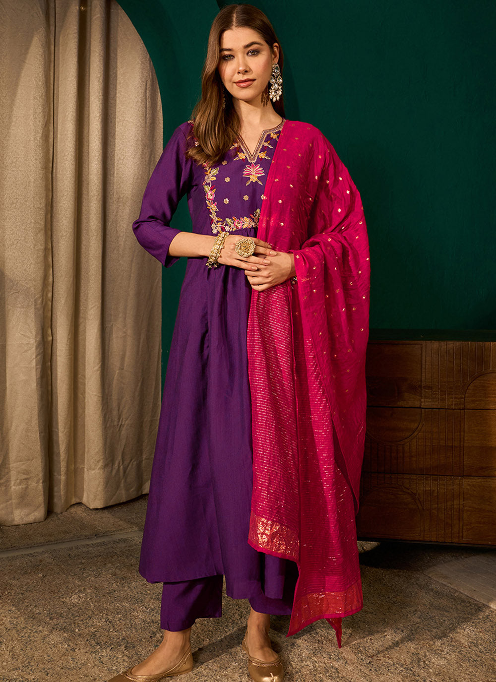 Violet Silk Suit Set with Viscose Jacquard Dupatta