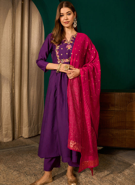 Violet Silk Suit Set with Viscose Jacquard Dupatta