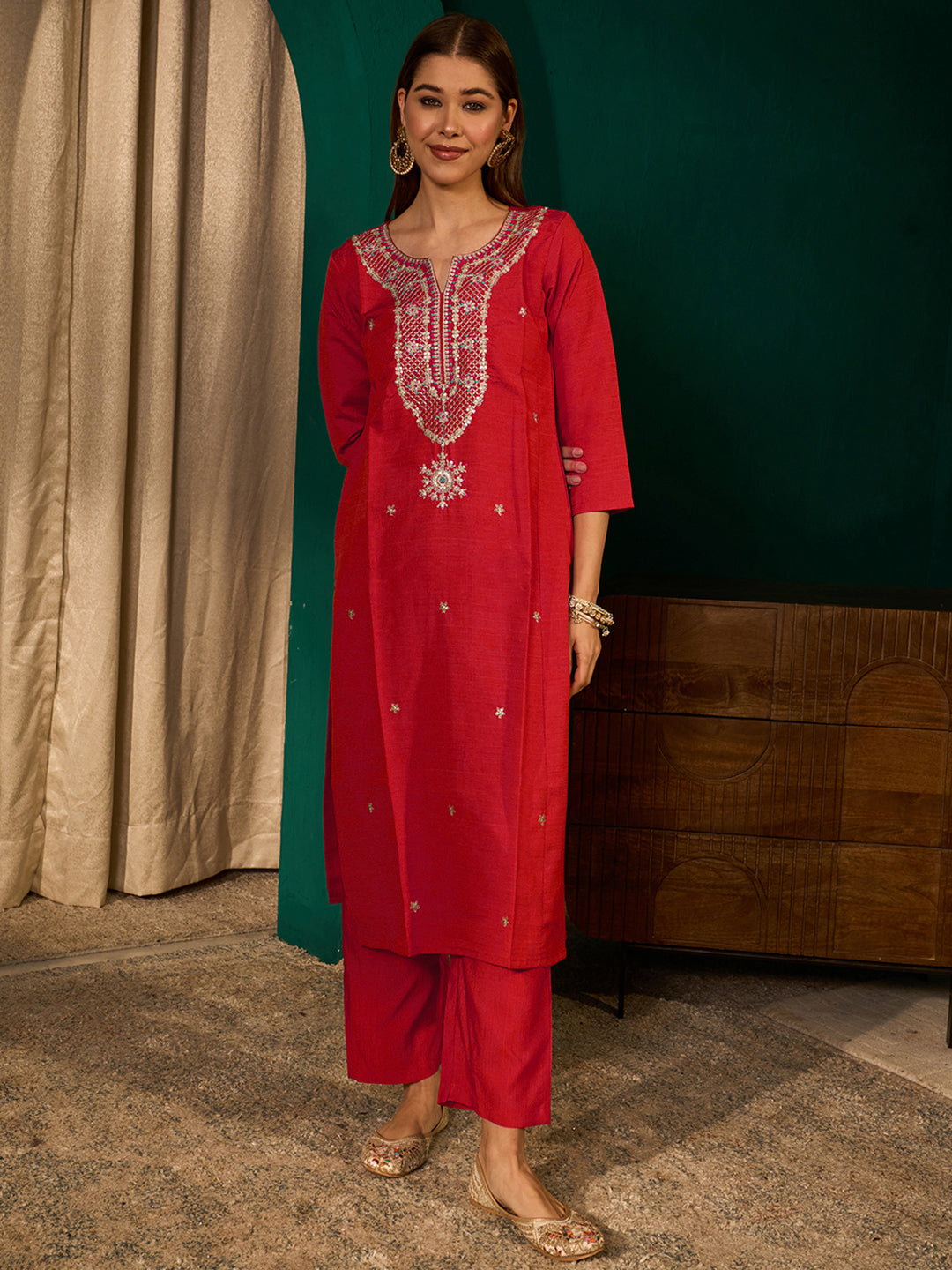 Red Silk Suit Set with Viscose Jacquard Dupatta
