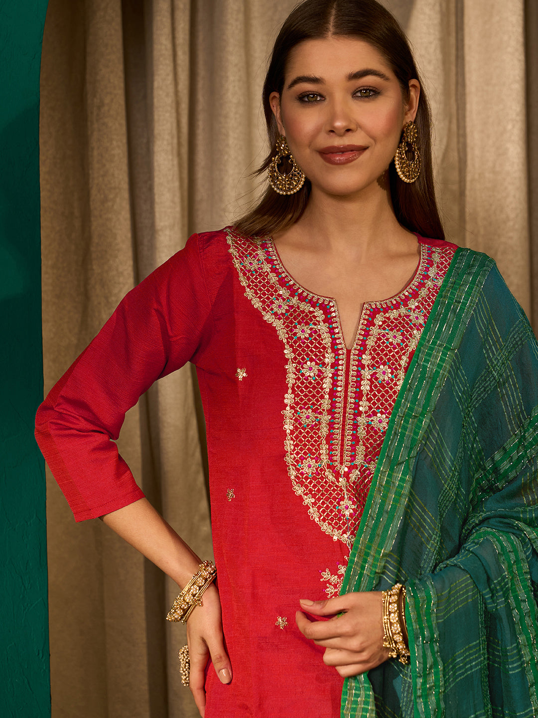 Red Silk Suit Set with Viscose Jacquard Dupatta