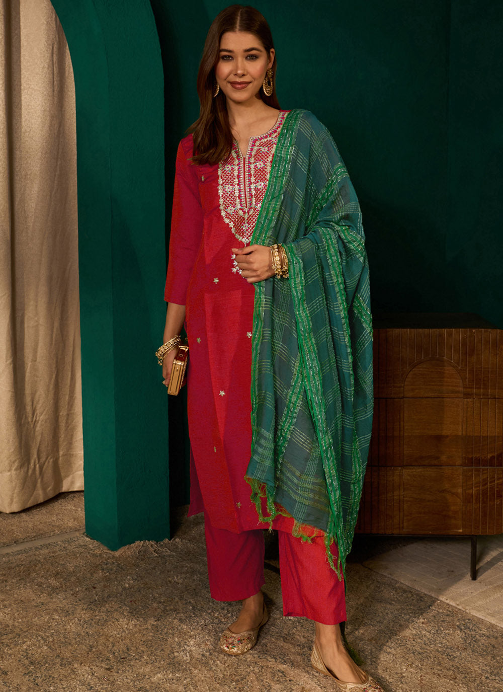 Red Silk Suit Set with Viscose Jacquard Dupatta