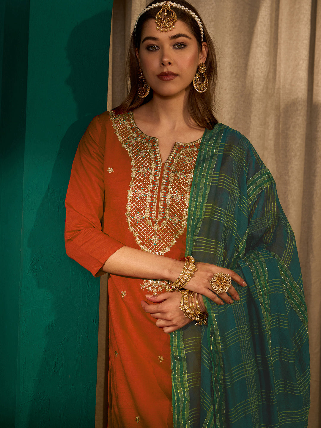 Rust Silk Suit Set with Viscose Jacquard Dupatta