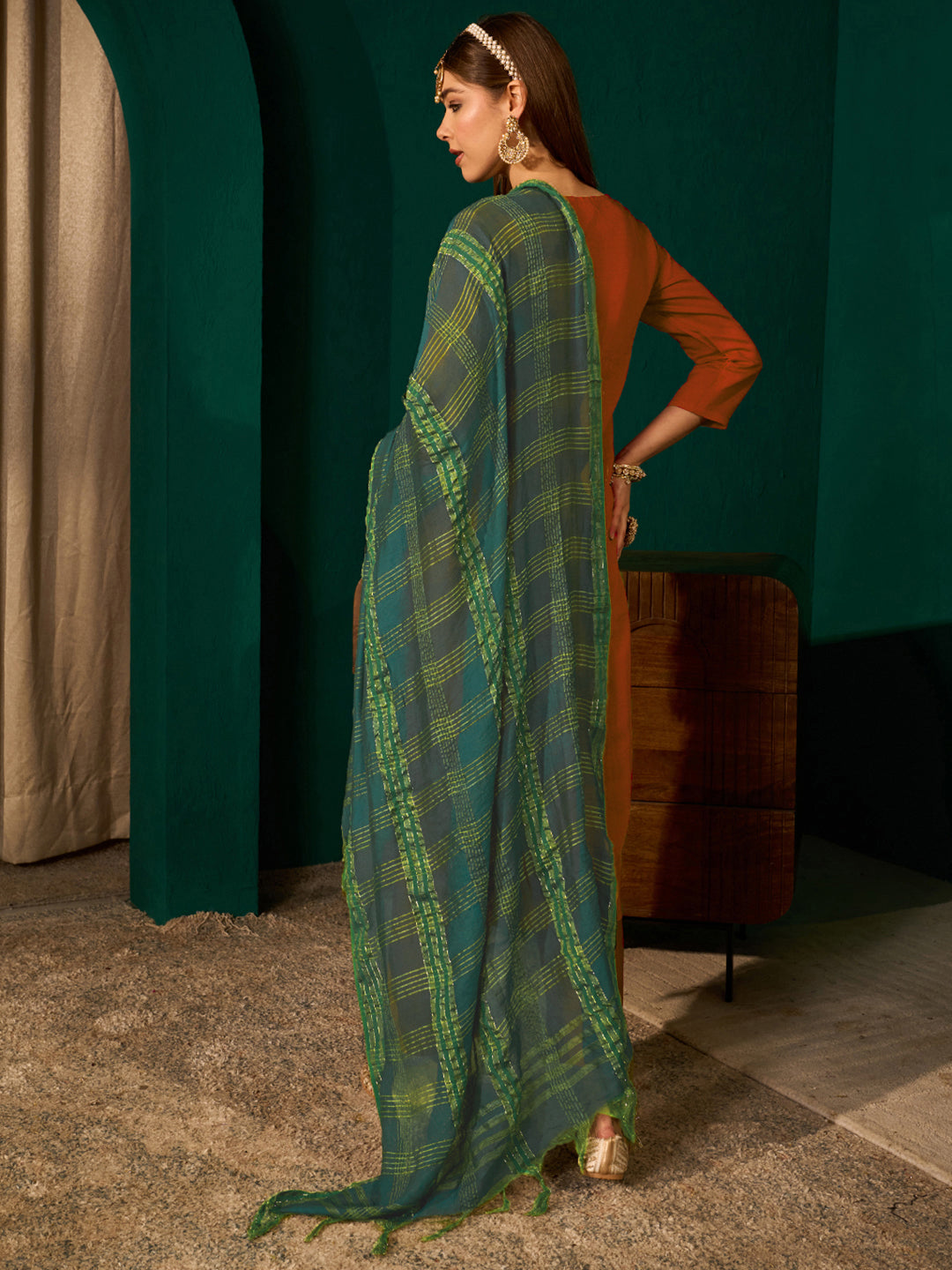 Rust Silk Suit Set with Viscose Jacquard Dupatta