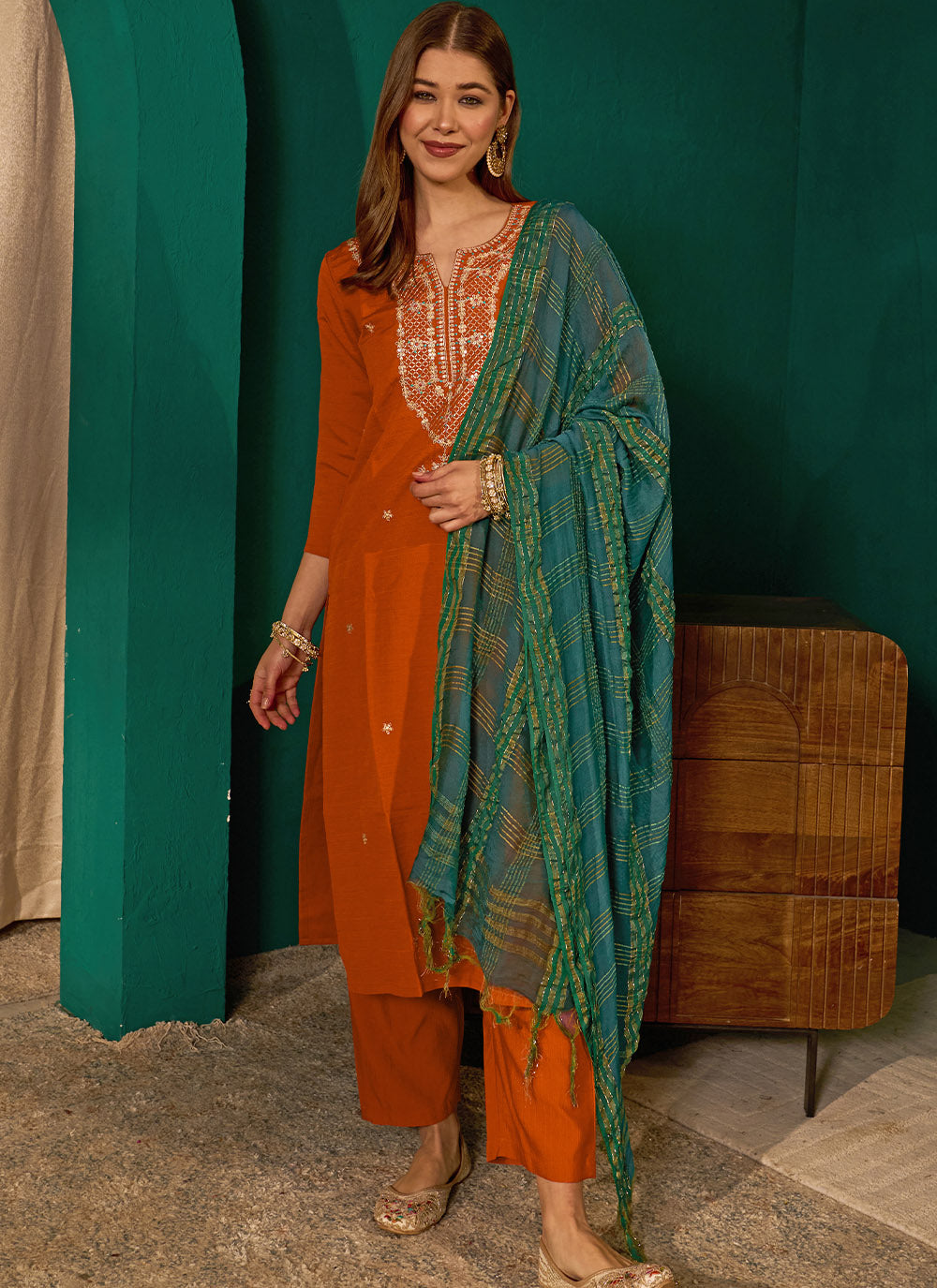 Rust Silk Suit Set with Viscose Jacquard Dupatta