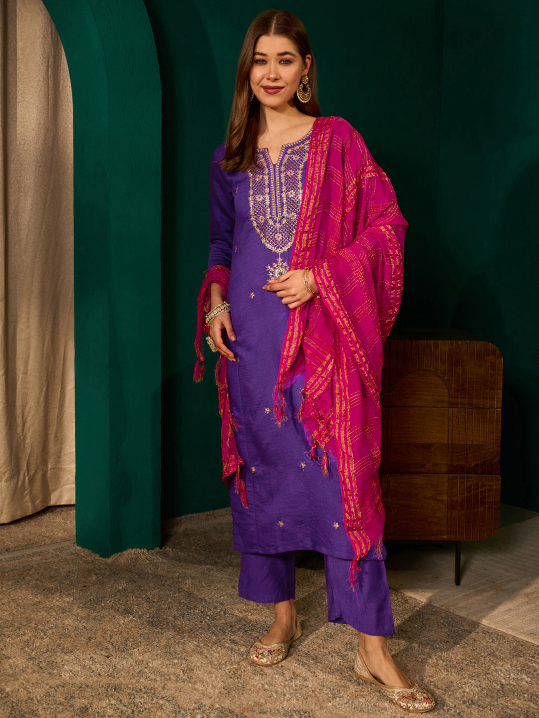 Violet Silk Suit Set with Viscose Jacquard Dupatta