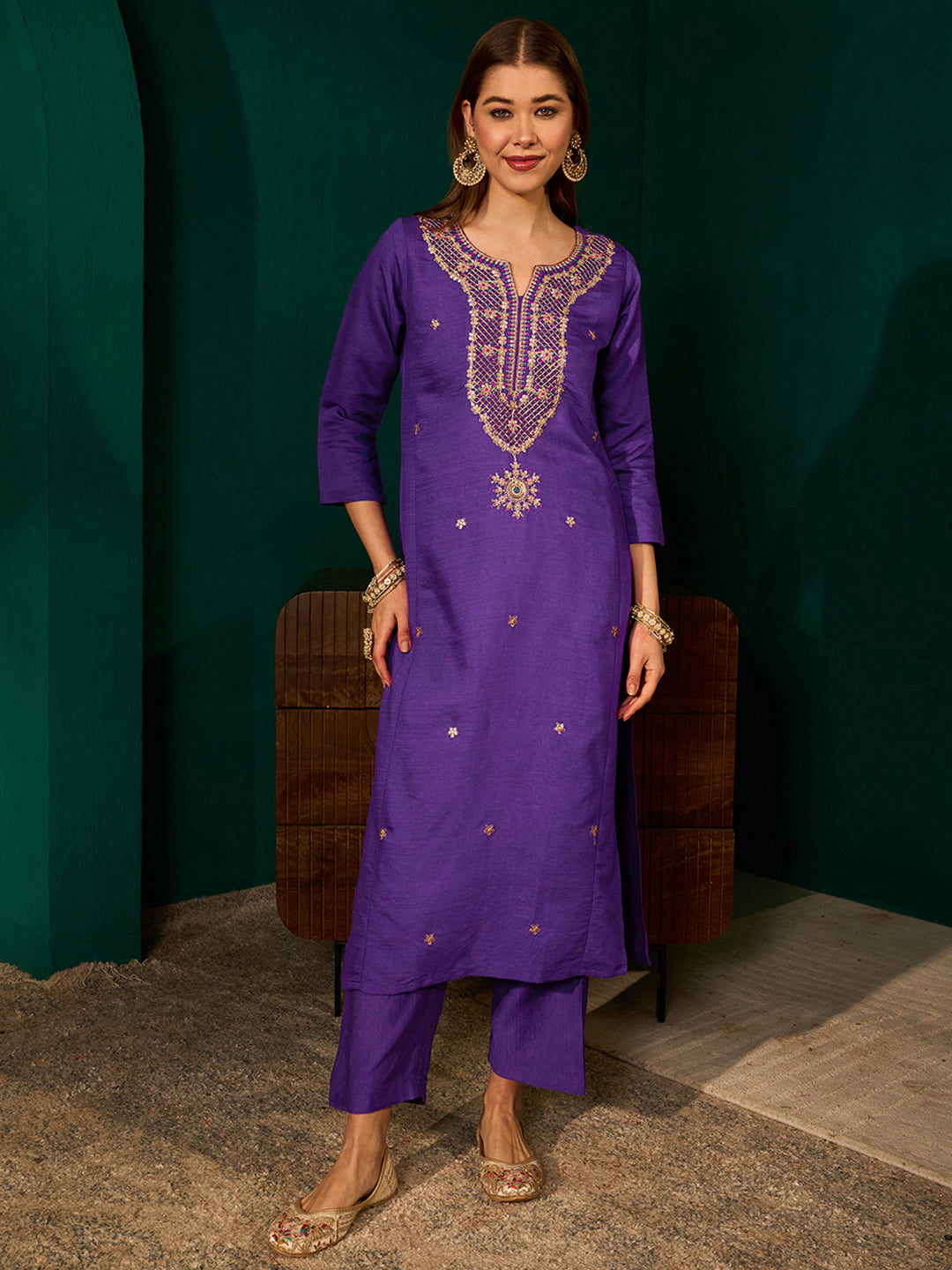 Violet Silk Suit Set with Viscose Jacquard Dupatta