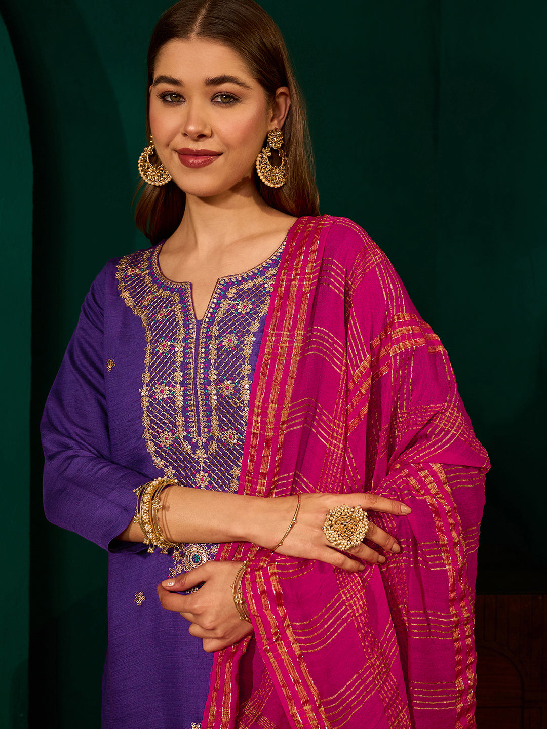 Violet Silk Suit Set with Viscose Jacquard Dupatta