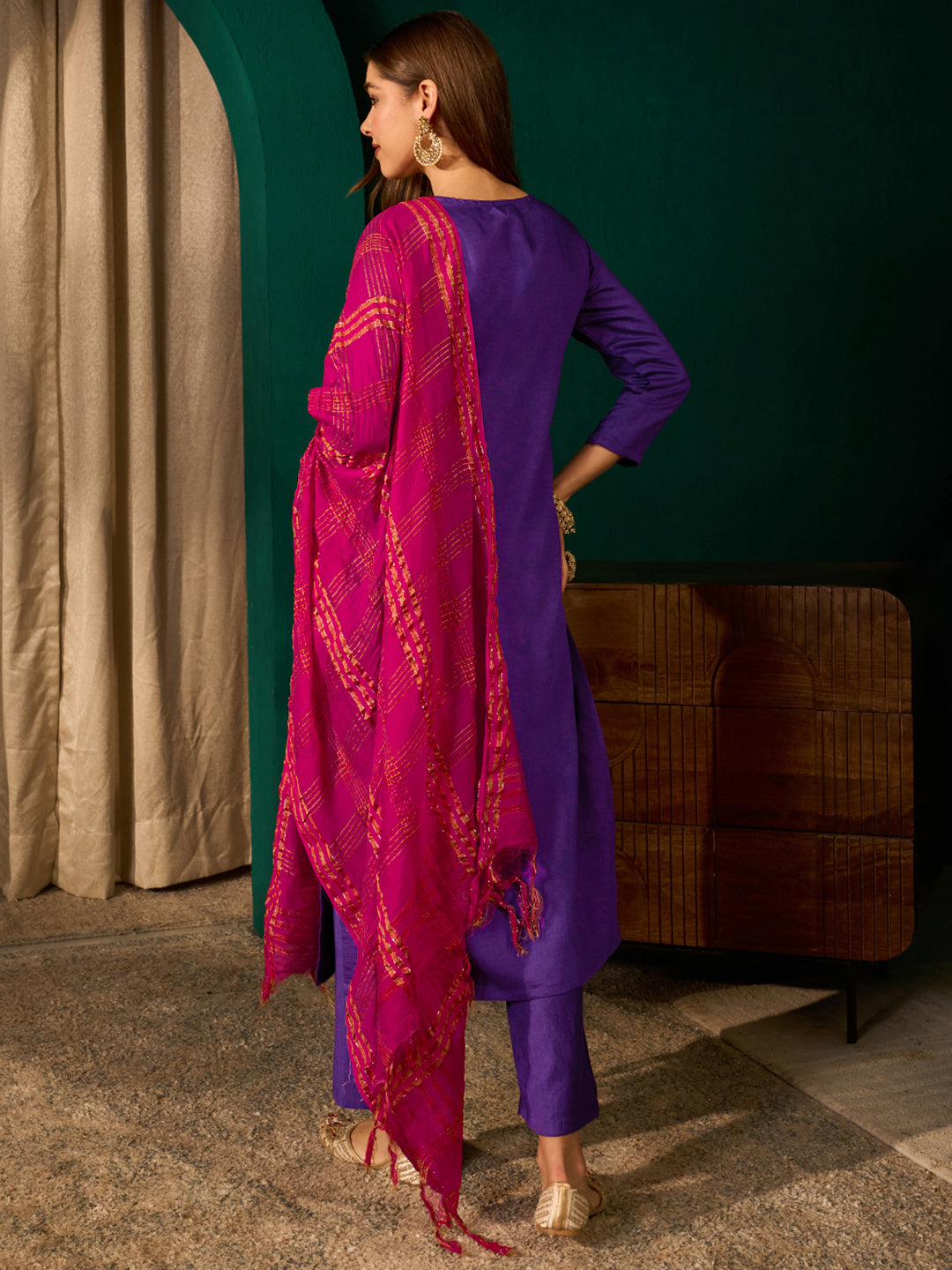 Violet Silk Suit Set with Viscose Jacquard Dupatta