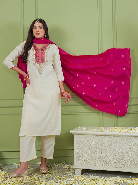Off White Silk Suit Set with Jacquard Silk Dupatta