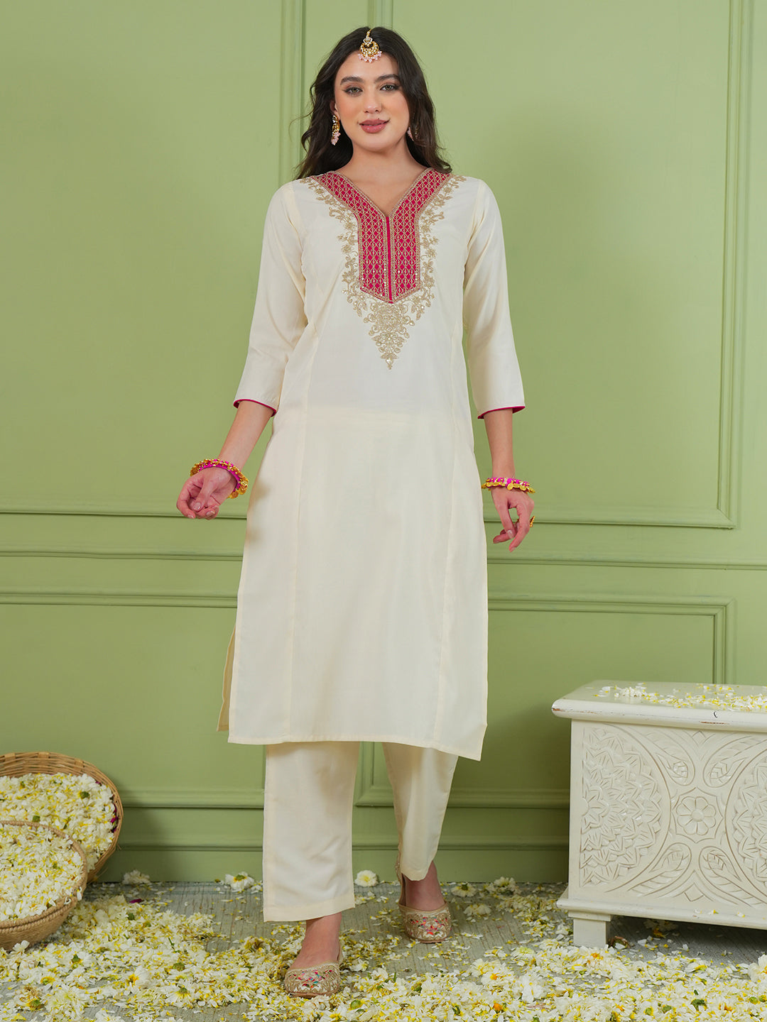 Off White Silk Suit Set with Jacquard Silk Dupatta