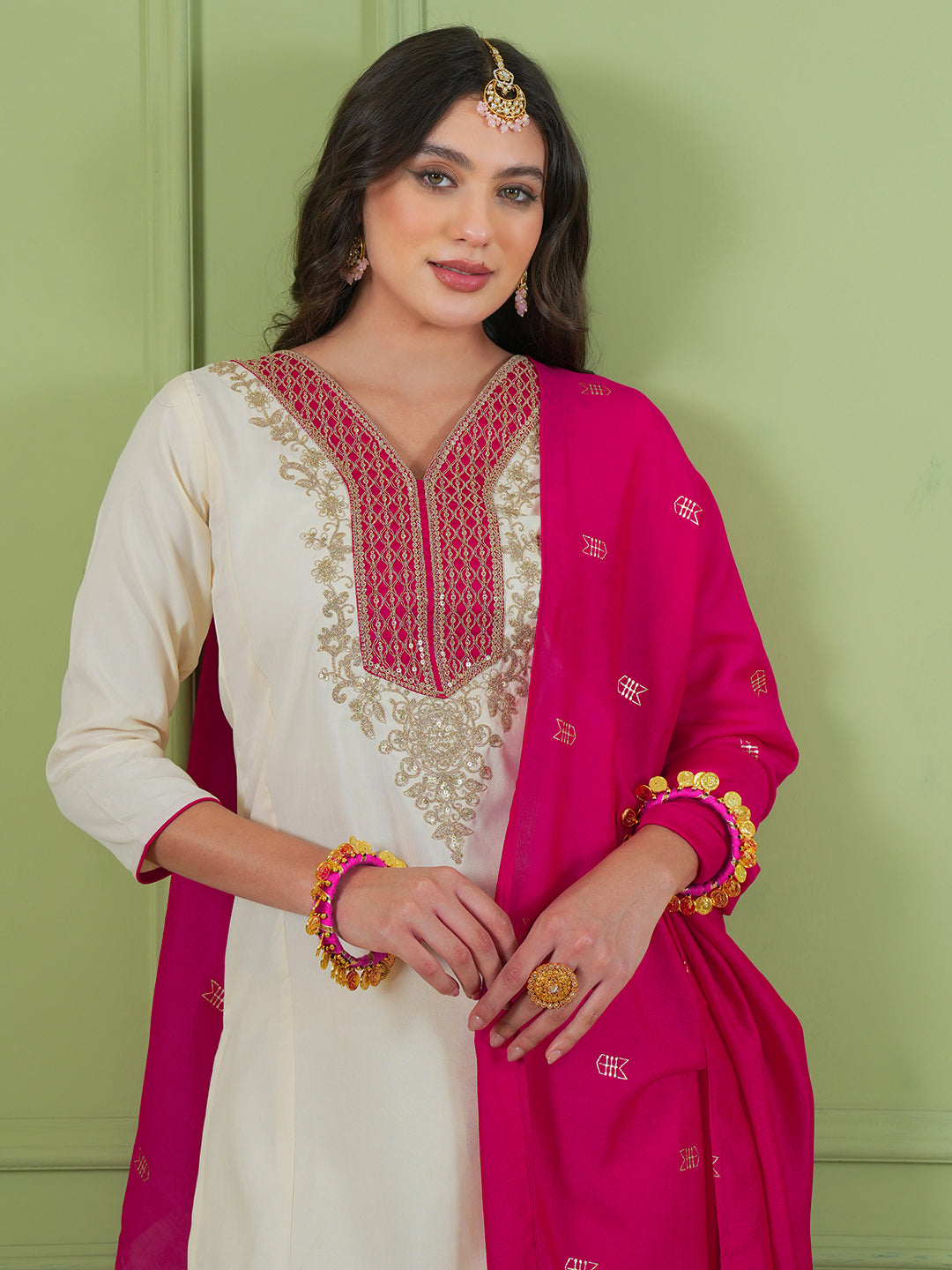 Off White Silk Suit Set with Jacquard Silk Dupatta