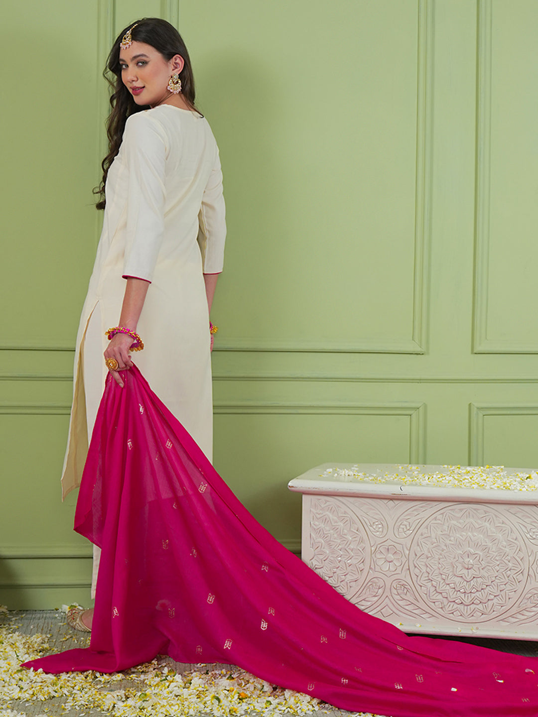 Off White Silk Suit Set with Jacquard Silk Dupatta