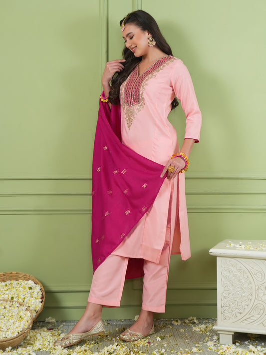 Peach Silk Suit Set with Jacquard Silk Dupatta