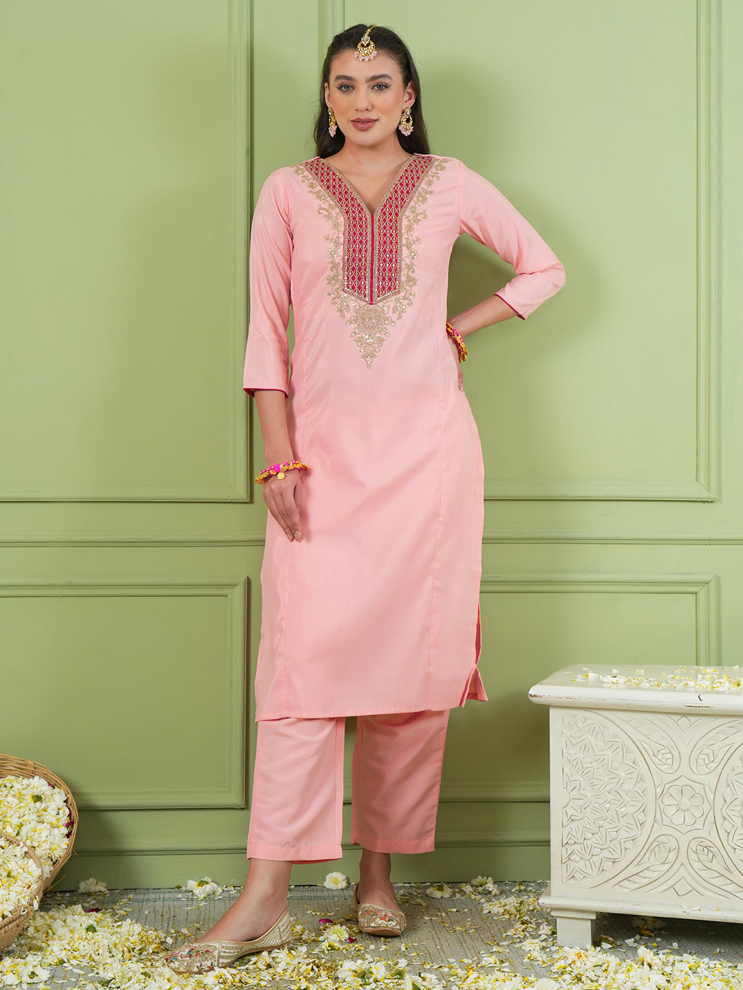 Peach Silk Suit Set with Jacquard Silk Dupatta