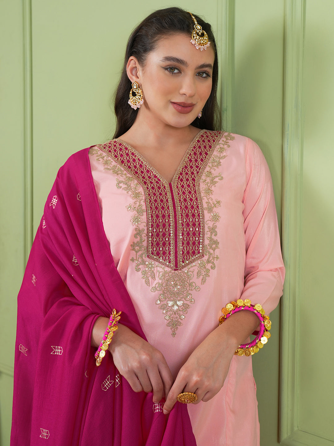 Peach Silk Suit Set with Jacquard Silk Dupatta