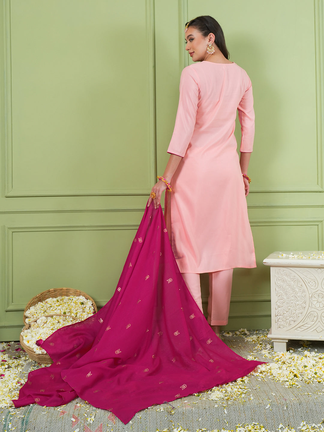 Peach Silk Suit Set with Jacquard Silk Dupatta