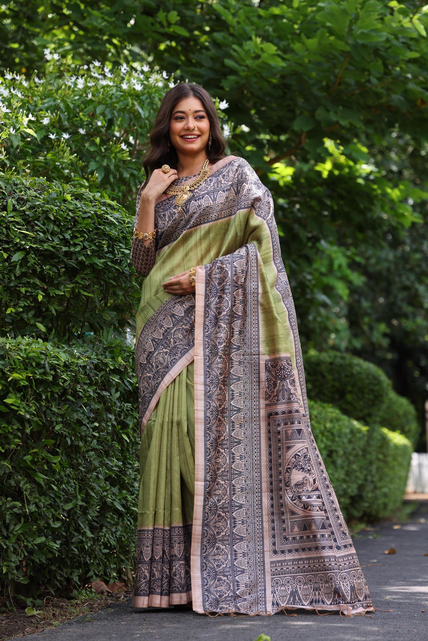 Green Tussar	Silk Madhubani Printed Saree with Unstitched Blouse