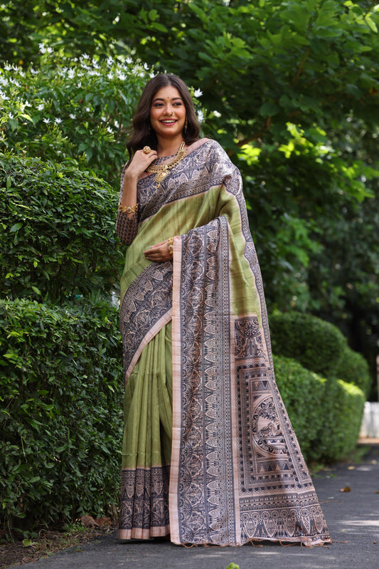 Green Tussar	Silk Madhubani Printed Saree with Unstitched Blouse